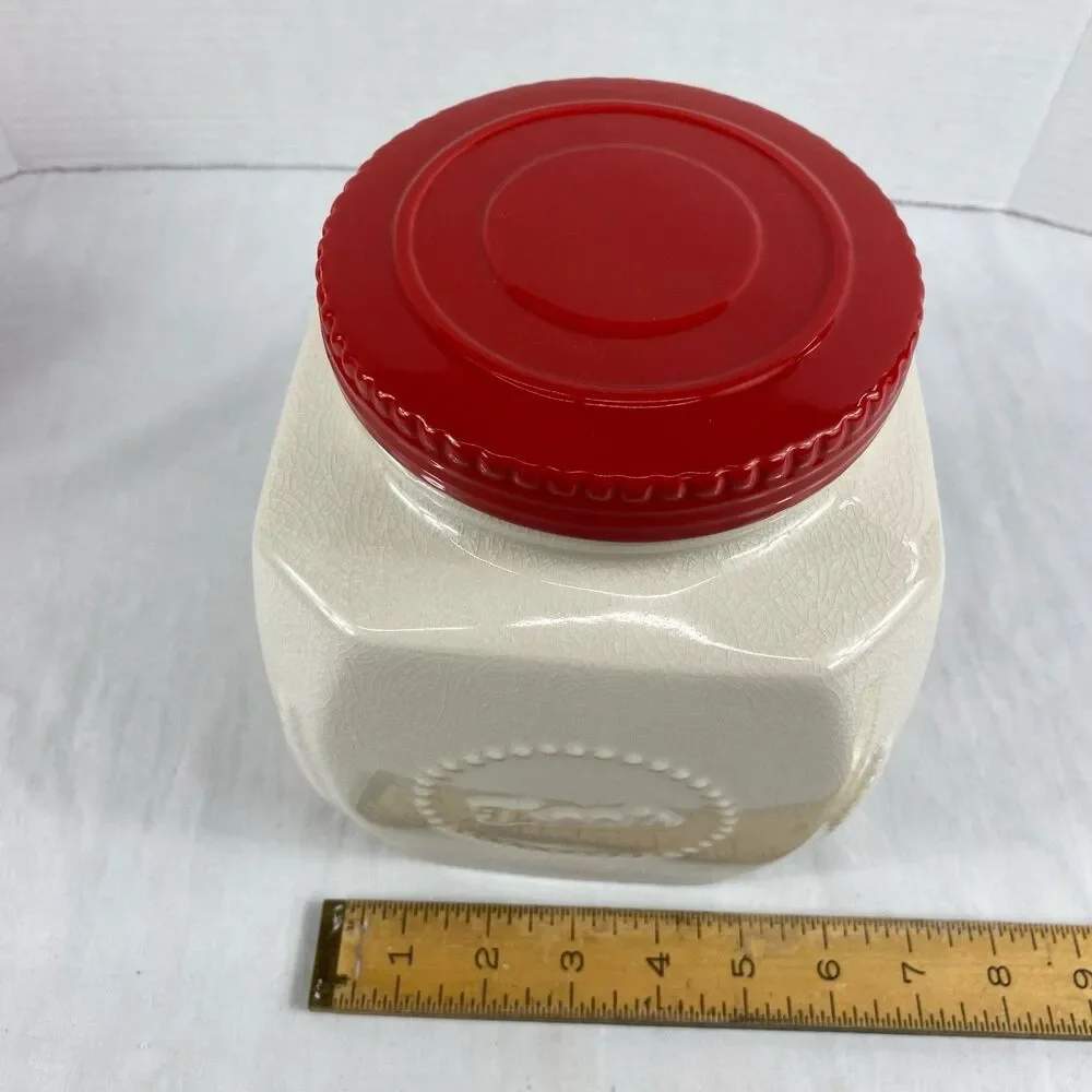 SCM Home Stoneware TREATS Jar (Cookie Jar) Off-white With Red Lid